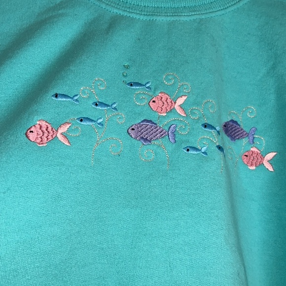 Vintage Top Stitch By Morning Sun XL Teal Fish Crew Neck Sweatshirt - Picture 2 of 5